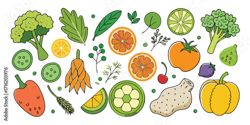 Vibrant assortment of fresh fruits and vegetables artistically rendered