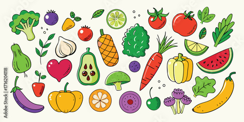 Vibrant assortment of fresh fruits and vegetables in a cheerful collection