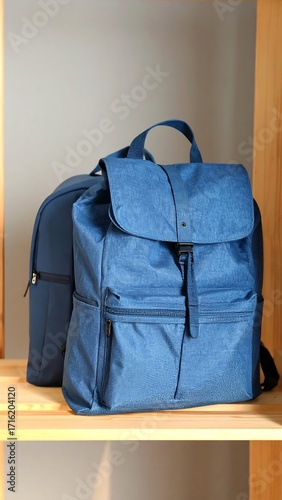 Two blue backpacks on a shelf
