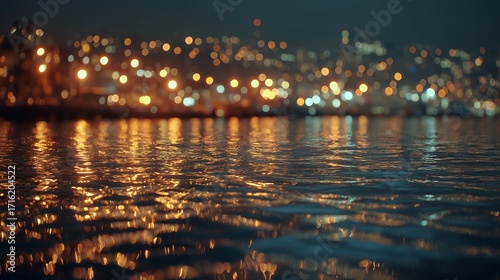 City lights reflected on water at night