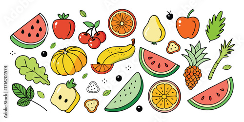 A vibrant assortment of fresh fruits and vegetables in a playful artistic style