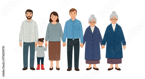 Family Generations Holding Hands MultiGenerational Portrait Cartoon Illustration of Kinship and Connection