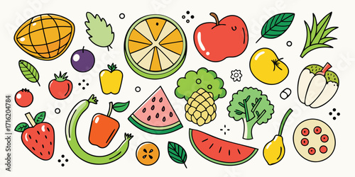 Vibrant assortment of fresh fruits and vegetables hand-drawn artistic collection
