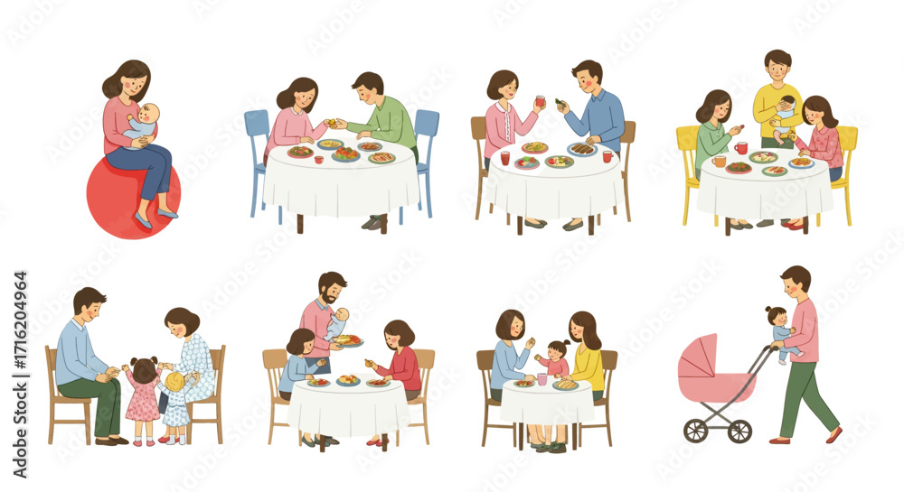 Fototapeta premium Family Mealtime Moments Parents Feeding Babies and Toddlers in Various Settings Illustration