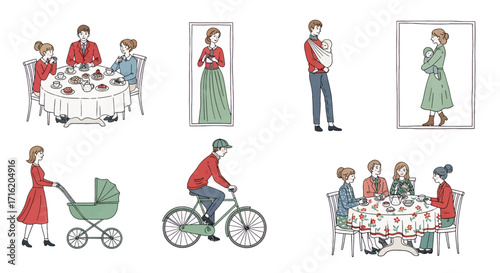 Family Life Stages Illustration Set  Childhood Parenting Meals and Activities for Commercial Use