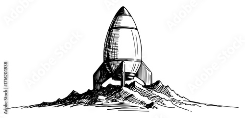 Retro Rocket Spaceship on Rocky Planet Surface black shape vector laser cutting engraving monochrome print