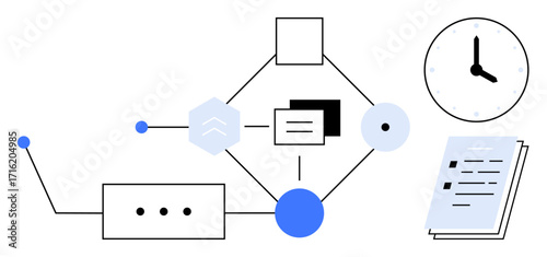 Abstract shapes connected in a workflow with documents and clock highlighting task flow, time management, organization. Ideal for productivity, workflow, time planning, automation, teamwork