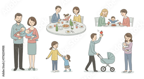 Family Moments Illustration Set  Happy Parents Children Dinner and Stroller Lifestyle Vector Graphics