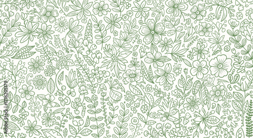 Floral Seamless Pattern Green Leaves and Flowers Hand Drawn Illustration for Background Design