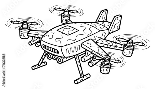Military Camouflage Drone in a Cartoon Sketch Style Black Shape Vector Laser Cutting Engraving Monochrome Print