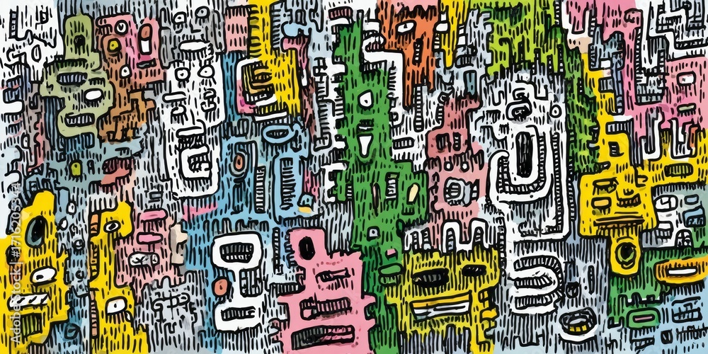 Fototapeta premium A vibrant, colorful, and intricately detailed design features a multitude of abstract shapes and faces.