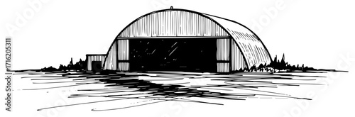 Hand Drawn Sketch of an Old Military Aircraft Hangar