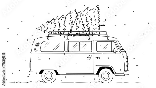 Vintage Van with a Christmas Tree on the Roof in a Doodle Style