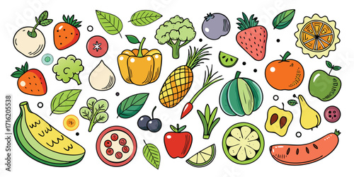 Vibrant assortment of fresh fruits and vegetables in a whimsical hand-drawn style