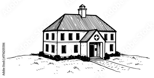 Hand Drawn Vintage Hospital Building in Engraving Style black shape vector laser cutting engraving monochrome print