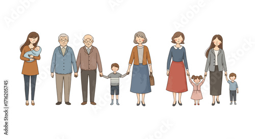 Generations of Family Holding Hands From Baby to Grandparents Illustration Concept