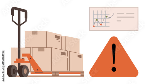 Pallet jack carrying stacked boxes, warning triangle emphasizing safety, chart tracking productivity trends. Ideal for logistics, shipping, risk management, supply chain, warehouse, safety issues