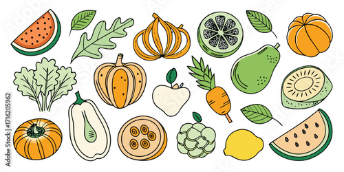 Vibrant hand-drawn assortment of fresh fruits and vegetables scattered across a white surface