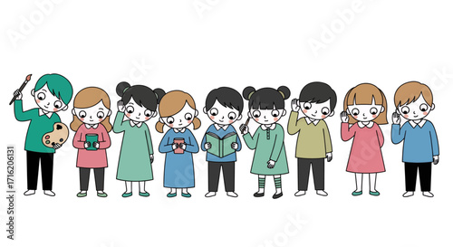 Group of Diverse Cartoon Children Learning and Participating in Various Activities Together