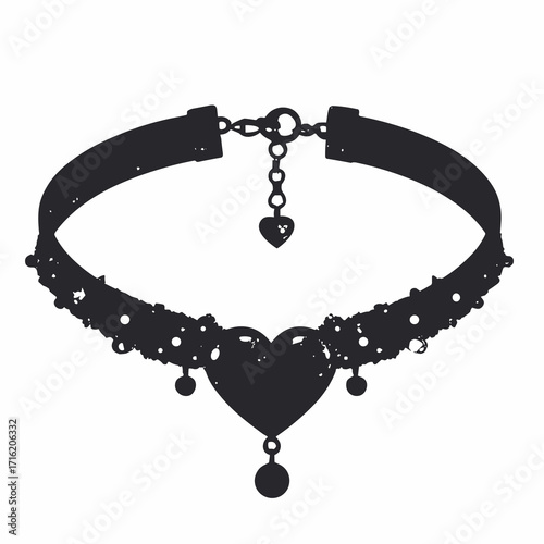 Black silhouette of a choker necklace with central heart pendant and small studs, plain white background