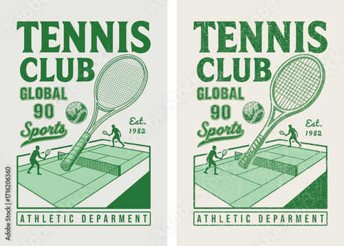 logo slogan graphic artwork, retro tennis club university with sport, shield and laurel. Global 90 sporty , health and fitness club summer SS24 tennis crest sport illustration