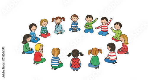 Group of Diverse Children Sitting in a Circle for Story Time or Learning Activity Illustration