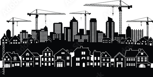 silhouette, city, skyline, crane, building, tower, highrise, urban, architecture, house, home, residence, vector, black, icon, design, structure, construction, development, neighborhood