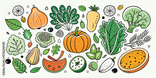 Vibrant assortment of fresh fruits and vegetables hand-drawn style collage