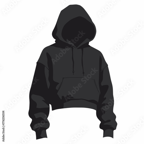 Black silhouette of a crop-top hoodie outline with exaggerated hood and pocket seam, plain white background