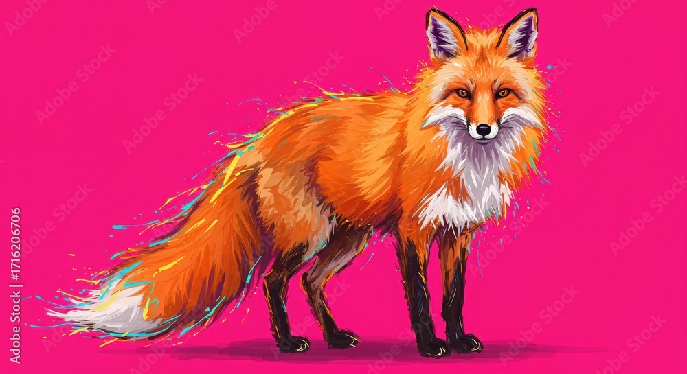 Obraz premium Vibrant Fox Illustration on Pink Background with Colorful Splatter Accents