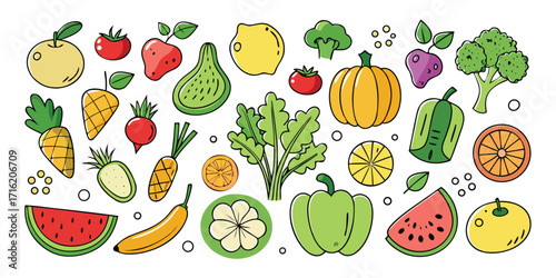 Vibrant assortment of fresh fruits and vegetables in a whimsical artistic style