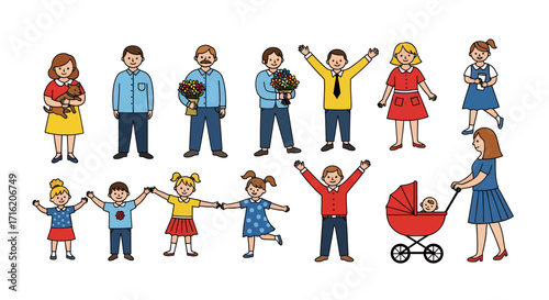 Happy Family Cartoon Characters Set  People Children Parents Pets and Stroller Illustration