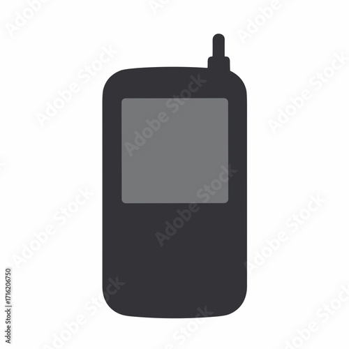 Black silhouette of a clamshell flip phone with tiny antenna and pixel heart notification, plain white background