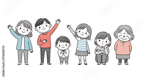 Happy Family Generation Illustration People of All Ages Waving and Smiling Together