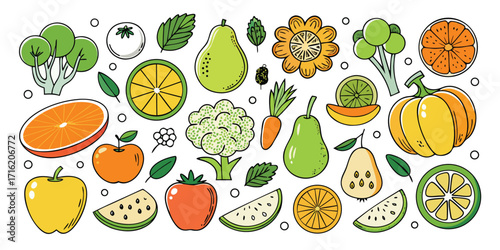 Vibrant assortment of fresh fruits and vegetables in a whimsical hand-drawn style