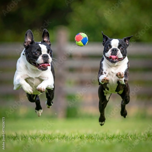 Two Boston Terriers jumping for a ball