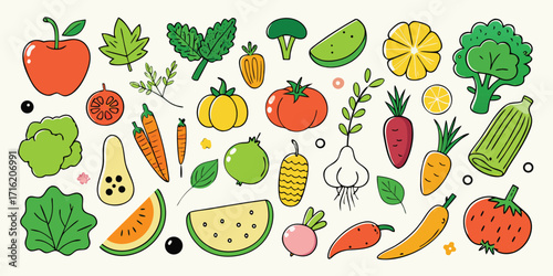 Vibrant collection of fresh fruits and vegetables artfully arranged