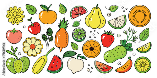 Vibrant assortment of fresh fruits and vegetables hand-drawn style art