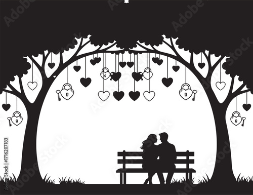 Silhouette Couple On Bench Under Heart Decorated Trees With Locks love romance