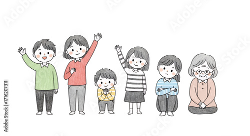 Happy Family Illustration Waving Hello Generational Portrait Cartoon People Family Concept