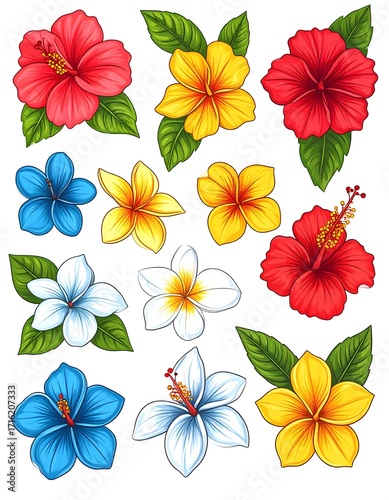 Hand-drawn hibiscus and orchid floral collection high resolution sticker