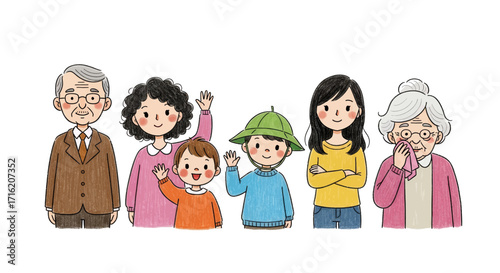 Happy MultiGenerational Family Portrait Illustration Diverse Group of People Smiling and Waving