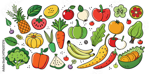 Vibrant assortment of fresh fruits and vegetables in a lively artistic display