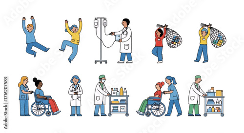 Healthcare Professionals and Patients in Wheelchairs Medical Illustration for Health Concepts