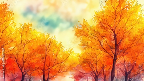 Autumn trees watercolor painting