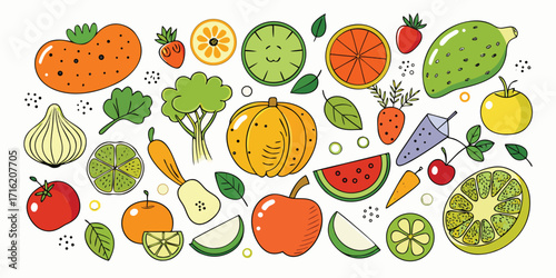 Vibrant assortment of fresh fruits and vegetables in a whimsical doodle style