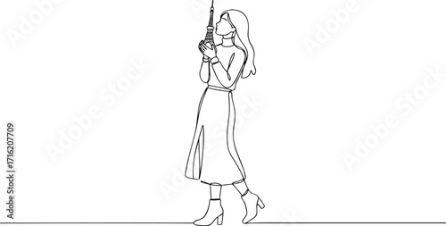 A long-haired woman holding Tokyo Tower and kissing [one-stroke illustration]