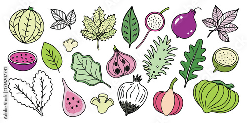 Vibrant hand-drawn assortment of fresh fruits and vegetables in a lively artistic style