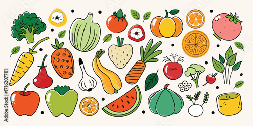 Vibrant assortment of fresh fruits and vegetables in a whimsical style