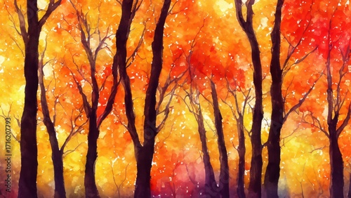 Autumn trees watercolor painting